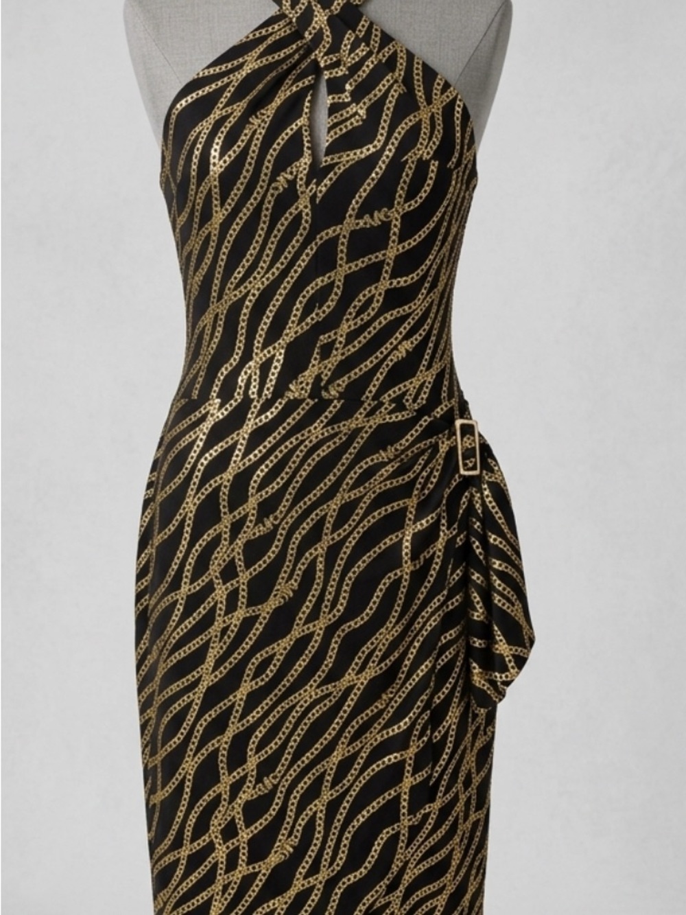 Michael Kors Black and Gold One-Shoulder Chain-Print Dress